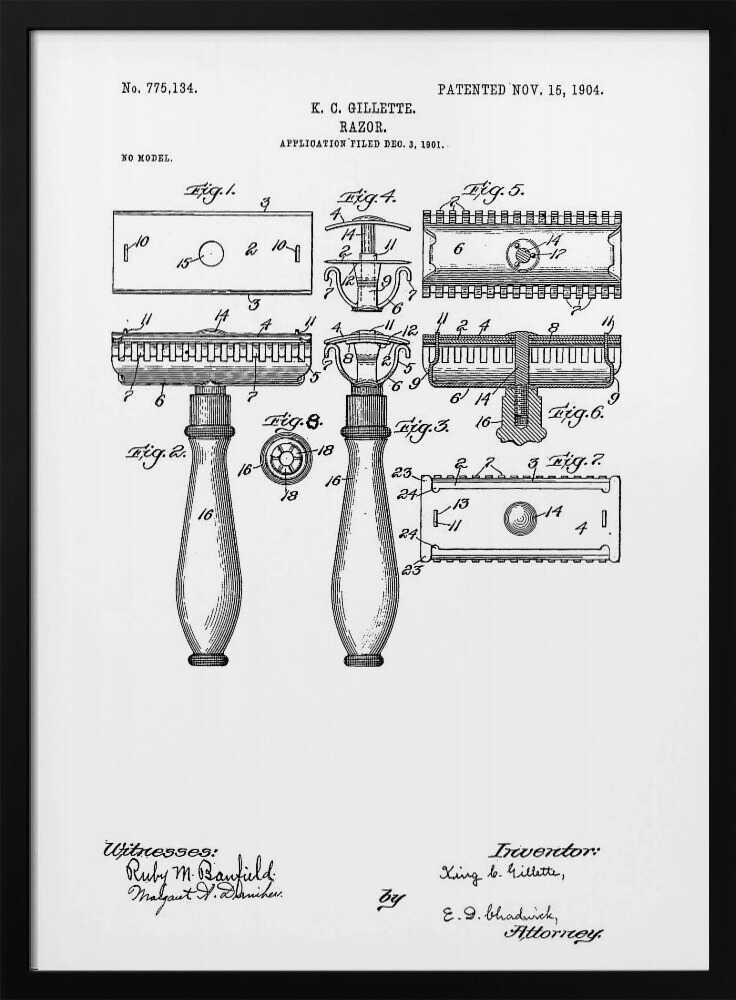 A framed black and white patent illustration for K. C. Gillette's razor, patented November 15, 1904. The drawing displays various figures and diagrams detailing the components of the safety razor, including the handle, head, and blade, with technical labels and signatures. Wall Art
