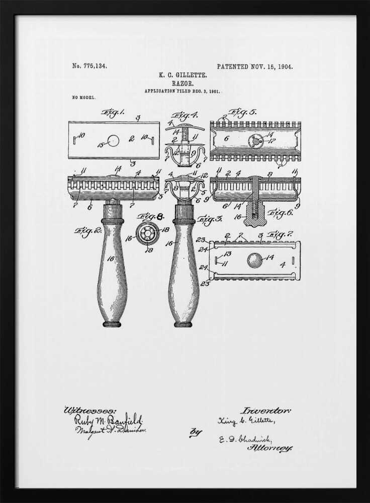 A framed black and white patent illustration for K. C. Gillette's razor, patented November 15, 1904. The drawing displays various figures and diagrams detailing the components of the safety razor, including the handle, head, and blade, with technical labels and signatures. Wall Art