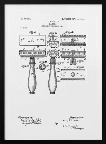 A framed black and white patent illustration for K. C. Gillette's razor, patented November 15, 1904. The drawing displays various figures and diagrams detailing the components of the safety razor, including the handle, head, and blade, with technical labels and signatures. Wall Art