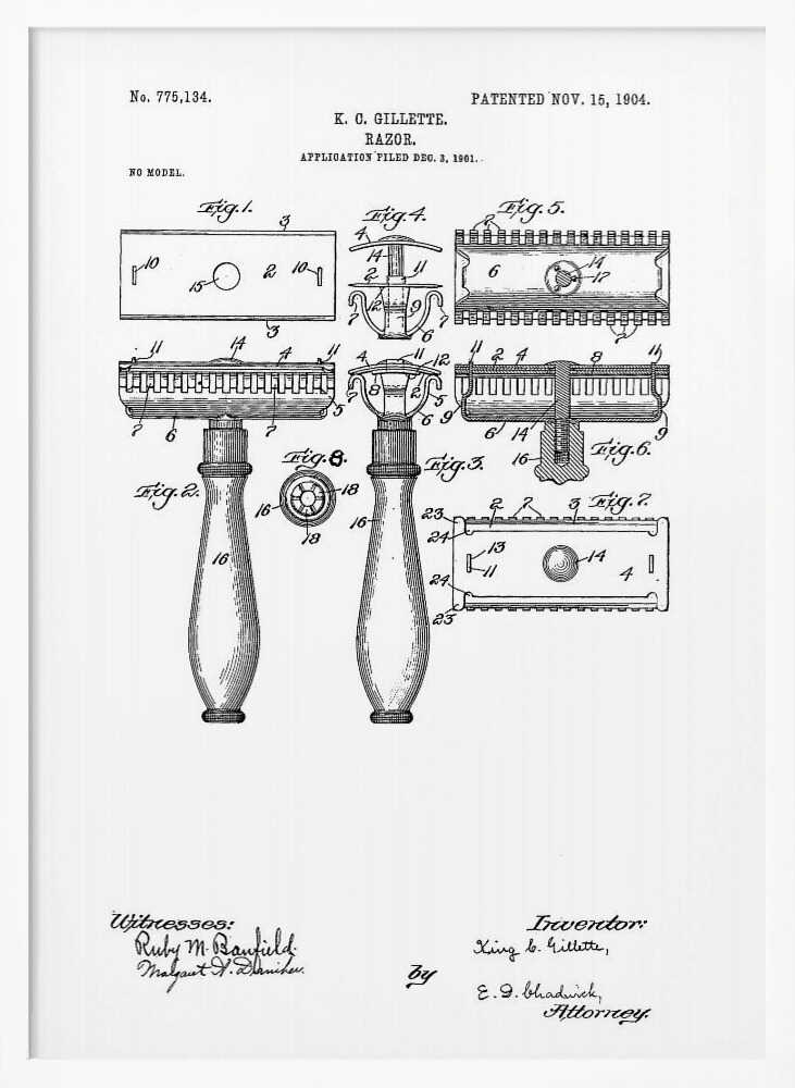 A framed black and white patent illustration for K. C. Gillette's razor, patented November 15, 1904. The drawing displays various figures and diagrams detailing the components of the safety razor, including the handle, head, and blade, with technical labels and signatures. Wall Art