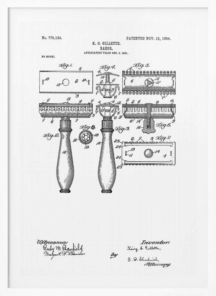 A framed black and white patent illustration for K. C. Gillette's razor, patented November 15, 1904. The drawing displays various figures and diagrams detailing the components of the safety razor, including the handle, head, and blade, with technical labels and signatures. Wall Art