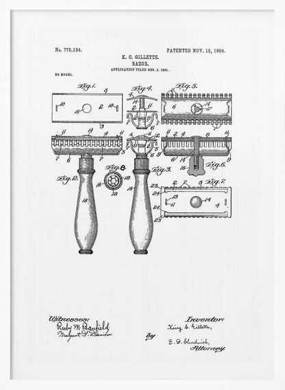 A framed black and white patent illustration for K. C. Gillette's razor, patented November 15, 1904. The drawing displays various figures and diagrams detailing the components of the safety razor, including the handle, head, and blade, with technical labels and signatures. Wall Art