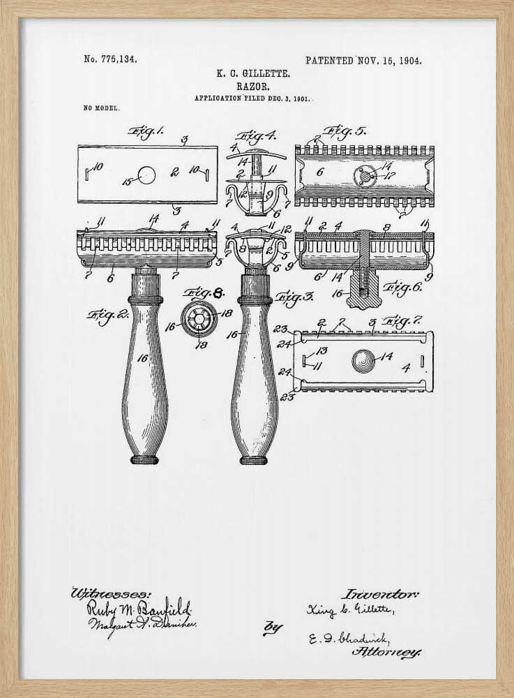 A framed black and white patent illustration for K. C. Gillette's razor, patented November 15, 1904. The drawing displays various figures and diagrams detailing the components of the safety razor, including the handle, head, and blade, with technical labels and signatures. Wall Art