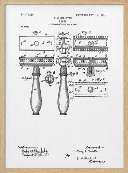 A framed black and white patent illustration for K. C. Gillette's razor, patented November 15, 1904. The drawing displays various figures and diagrams detailing the components of the safety razor, including the handle, head, and blade, with technical labels and signatures. Wall Art