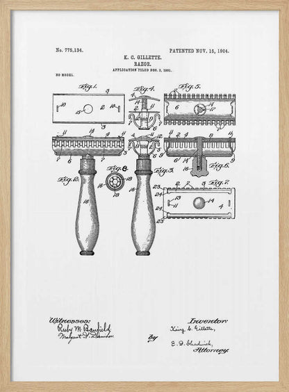 A framed black and white patent illustration for K. C. Gillette's razor, patented November 15, 1904. The drawing displays various figures and diagrams detailing the components of the safety razor, including the handle, head, and blade, with technical labels and signatures. Wall Art