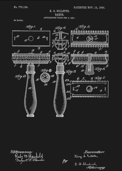 A framed black and white patent illustration for K.C. Gillette's razor, dated 1904. The technical drawing shows multiple views and components of the safety razor against a black background, complete with labels, inventor's name, and patent number. Decor