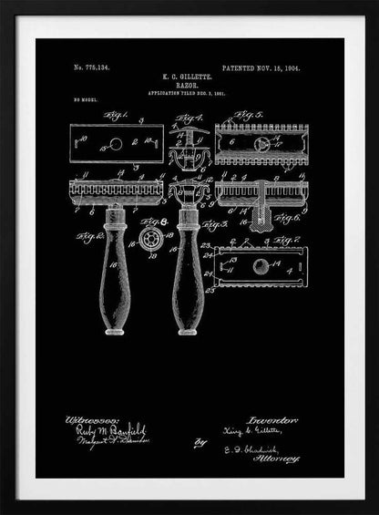 A framed black and white patent illustration for K.C. Gillette's razor, dated 1904. The technical drawing shows multiple views and components of the safety razor against a black background, complete with labels, inventor's name, and patent number. Decor