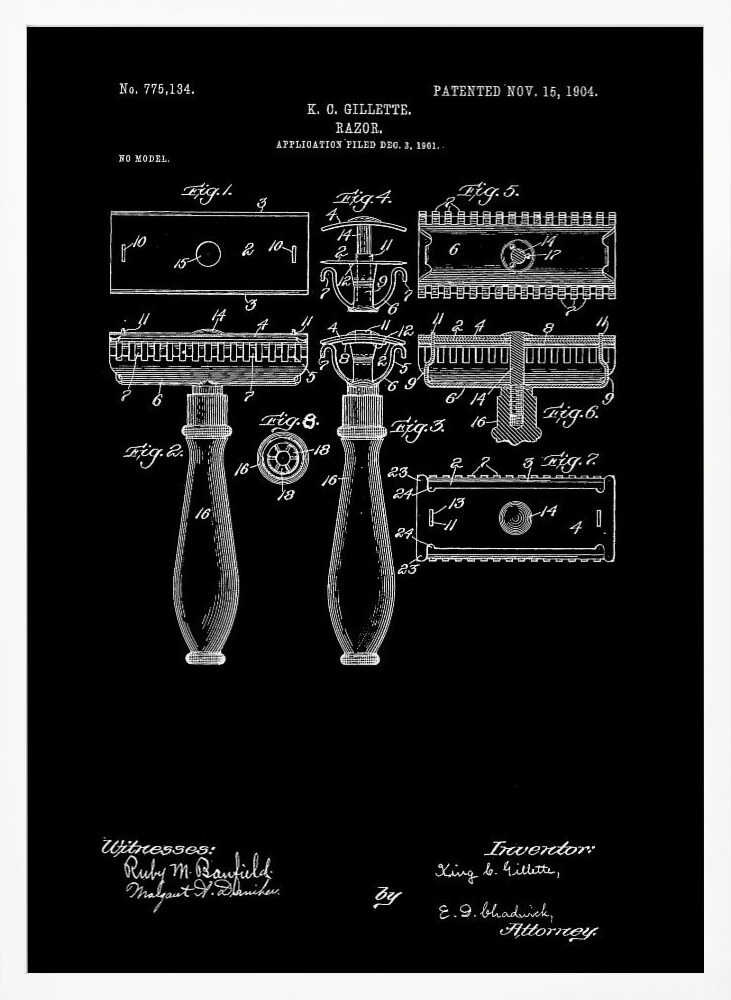 A framed black and white patent illustration for K.C. Gillette's razor, dated 1904. The technical drawing shows multiple views and components of the safety razor against a black background, complete with labels, inventor's name, and patent number. Decor