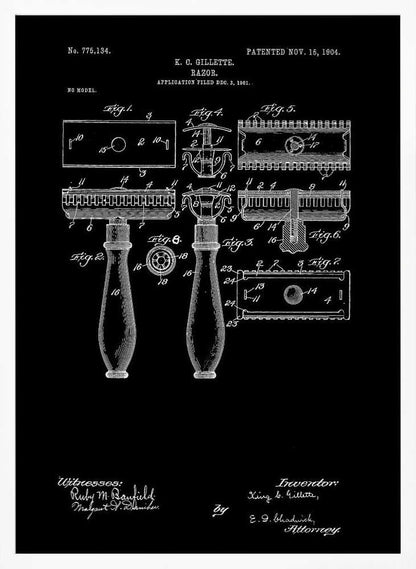 A framed black and white patent illustration for K.C. Gillette's razor, dated 1904. The technical drawing shows multiple views and components of the safety razor against a black background, complete with labels, inventor's name, and patent number. Decor