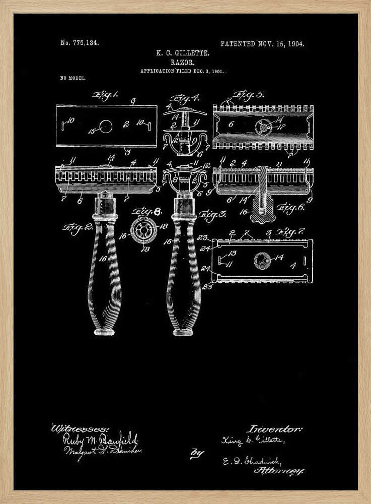 A framed black and white patent illustration for K.C. Gillette's razor, dated 1904. The technical drawing shows multiple views and components of the safety razor against a black background, complete with labels, inventor's name, and patent number. Decor