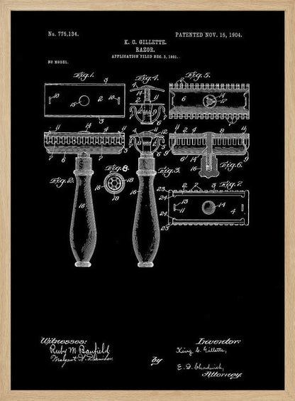 A framed black and white patent illustration for K.C. Gillette's razor, dated 1904. The technical drawing shows multiple views and components of the safety razor against a black background, complete with labels, inventor's name, and patent number. Decor