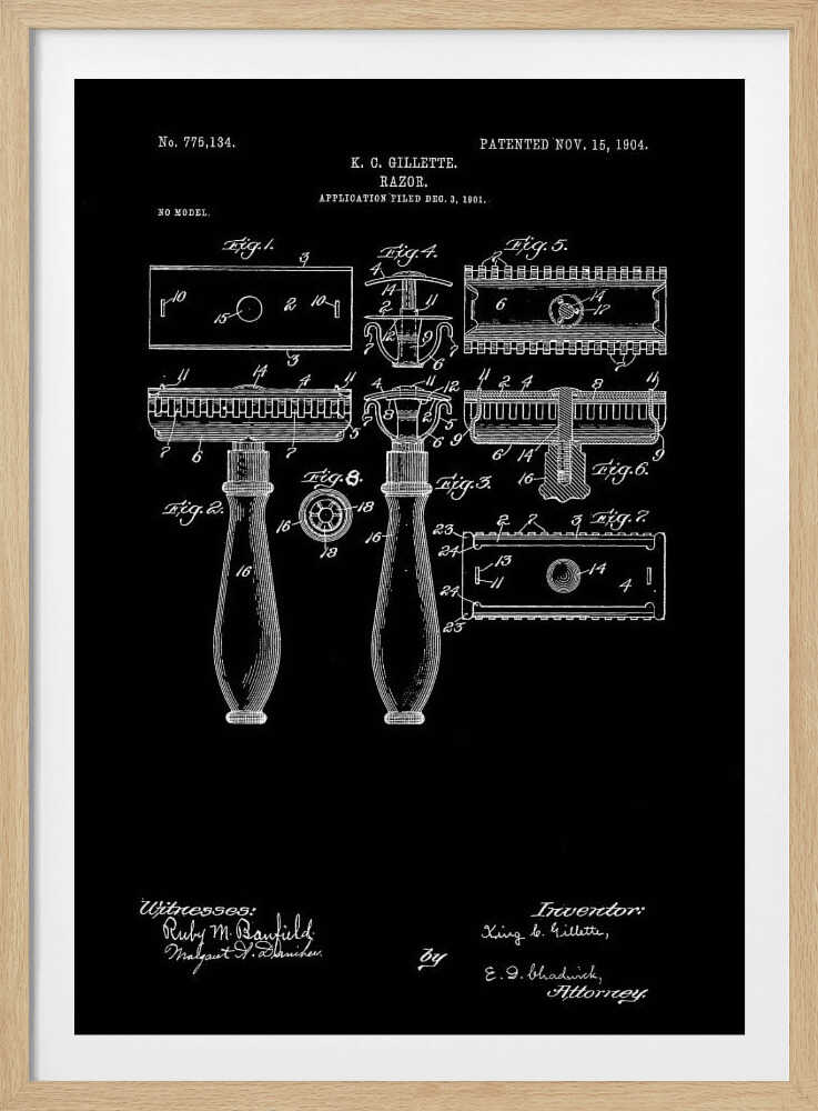 A framed black and white patent illustration for K.C. Gillette's razor, dated 1904. The technical drawing shows multiple views and components of the safety razor against a black background, complete with labels, inventor's name, and patent number. Decor