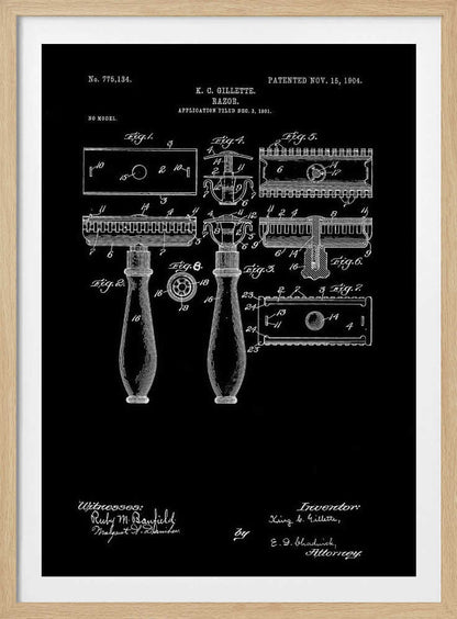 A framed black and white patent illustration for K.C. Gillette's razor, dated 1904. The technical drawing shows multiple views and components of the safety razor against a black background, complete with labels, inventor's name, and patent number. Decor