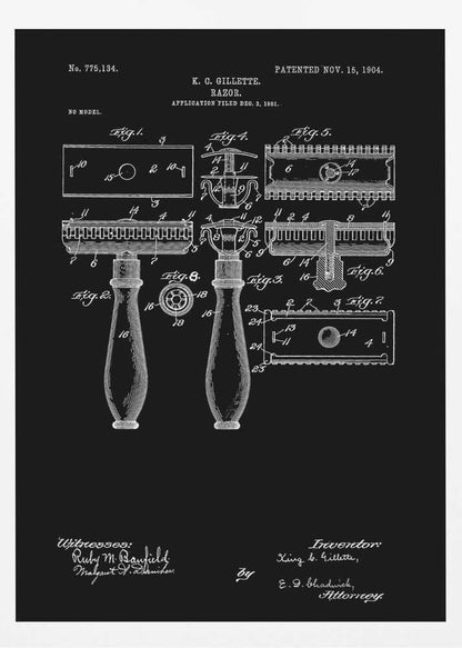A framed black and white patent illustration for K.C. Gillette's razor, dated 1904. The technical drawing shows multiple views and components of the safety razor against a black background, complete with labels, inventor's name, and patent number. Decor