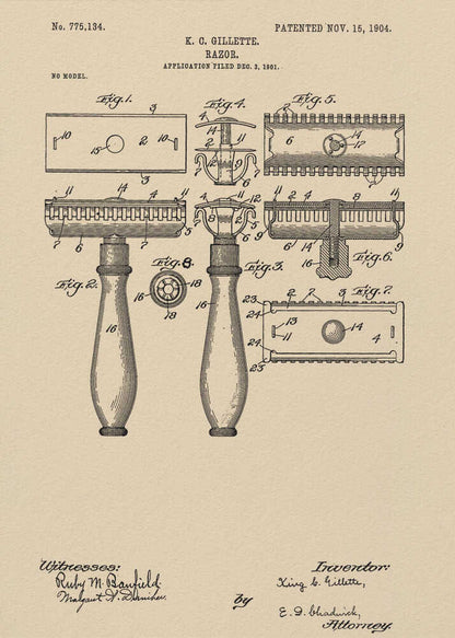 A framed vintage patent illustration for a razor invented by K. C. Gillette, dated November 15, 1904. The technical drawing on a beige background shows various figures and parts of the safety razor, with handwritten-style text and signatures at the bottom. Poster