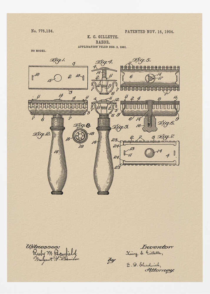 A framed vintage patent illustration for a razor invented by K. C. Gillette, dated November 15, 1904. The technical drawing on a beige background shows various figures and parts of the safety razor, with handwritten-style text and signatures at the bottom. Poster