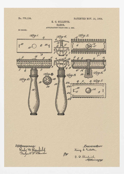 A framed vintage patent illustration for a razor invented by K. C. Gillette, dated November 15, 1904. The technical drawing on a beige background shows various figures and parts of the safety razor, with handwritten-style text and signatures at the bottom. Poster