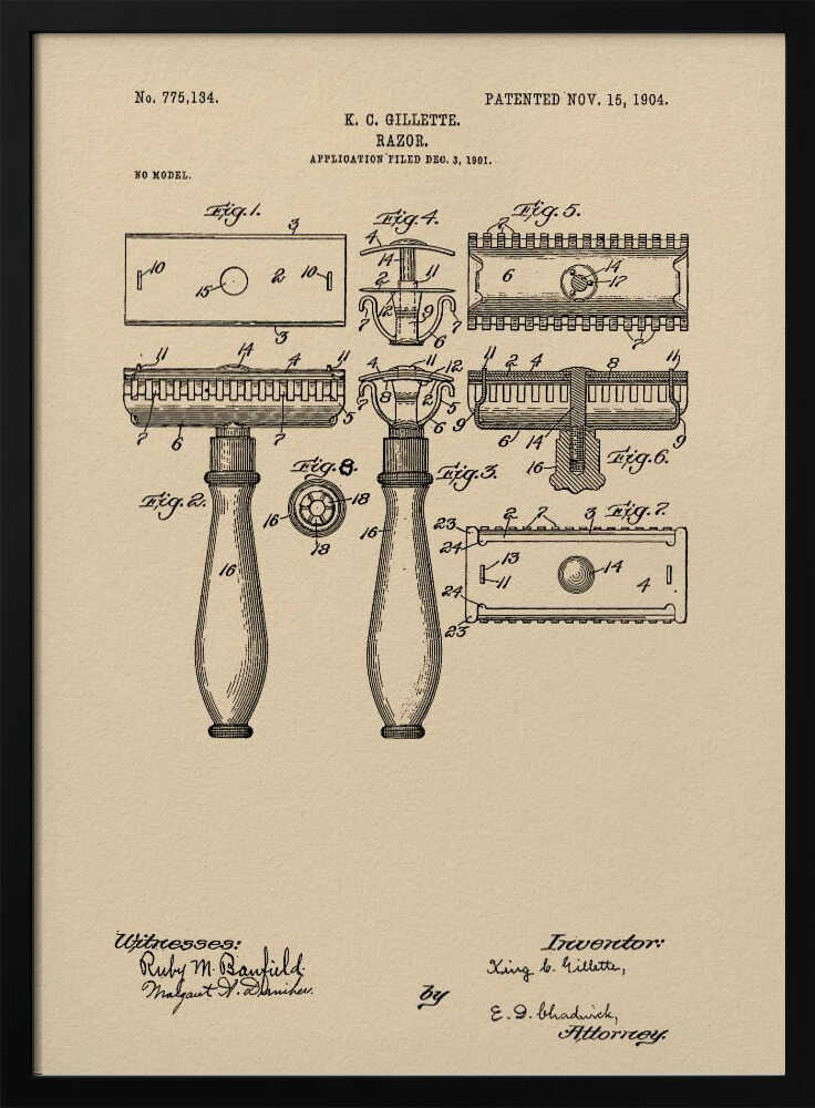 A framed vintage patent illustration for a razor invented by K. C. Gillette, dated November 15, 1904. The technical drawing on a beige background shows various figures and parts of the safety razor, with handwritten-style text and signatures at the bottom. Poster