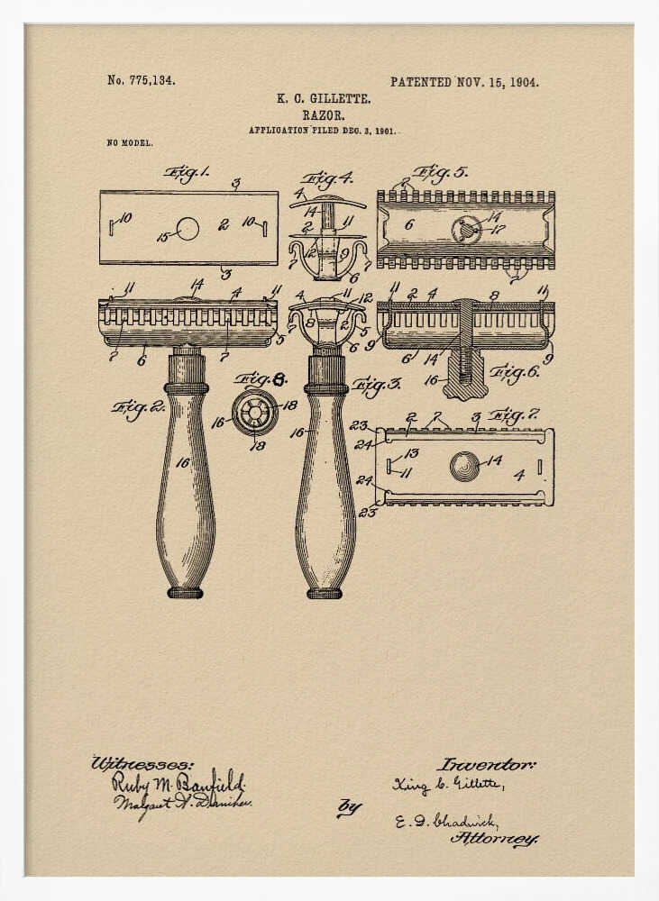 A framed vintage patent illustration for a razor invented by K. C. Gillette, dated November 15, 1904. The technical drawing on a beige background shows various figures and parts of the safety razor, with handwritten-style text and signatures at the bottom. Poster