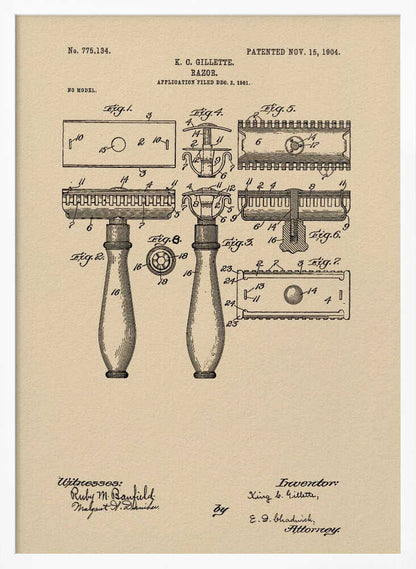 A framed vintage patent illustration for a razor invented by K. C. Gillette, dated November 15, 1904. The technical drawing on a beige background shows various figures and parts of the safety razor, with handwritten-style text and signatures at the bottom. Poster