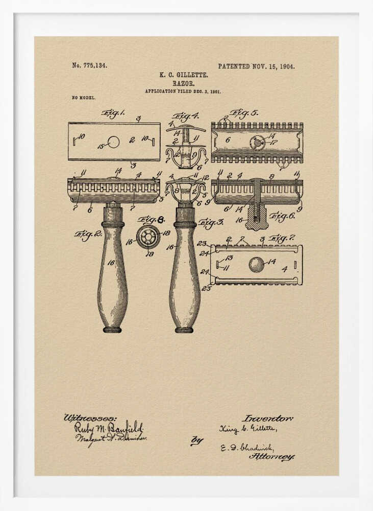 A framed vintage patent illustration for a razor invented by K. C. Gillette, dated November 15, 1904. The technical drawing on a beige background shows various figures and parts of the safety razor, with handwritten-style text and signatures at the bottom. Poster