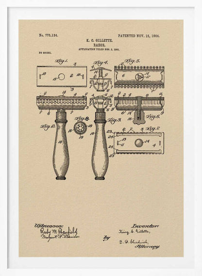 A framed vintage patent illustration for a razor invented by K. C. Gillette, dated November 15, 1904. The technical drawing on a beige background shows various figures and parts of the safety razor, with handwritten-style text and signatures at the bottom. Poster