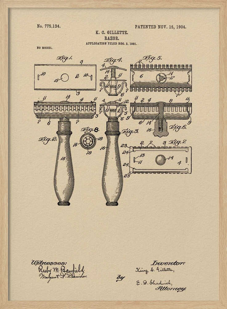 A framed vintage patent illustration for a razor invented by K. C. Gillette, dated November 15, 1904. The technical drawing on a beige background shows various figures and parts of the safety razor, with handwritten-style text and signatures at the bottom. Poster