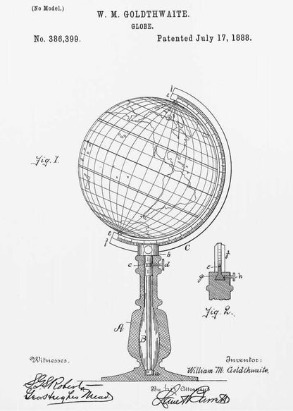 A framed black and white patent illustration for a globe, patented by W. M. Goldthwaite on July 17, 1888. The image features a detailed diagram of the globe on its stand, labeled 'Fig. 1', along with a smaller detail view, 'Fig. 2'. The patent number, inventor's name, and signatures are visible. Poster