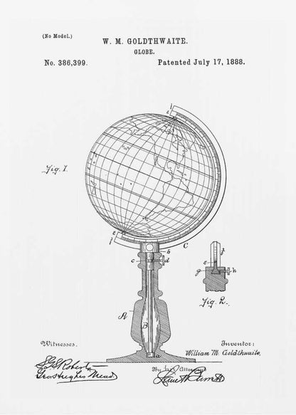 A framed black and white patent illustration for a globe, patented by W. M. Goldthwaite on July 17, 1888. The image features a detailed diagram of the globe on its stand, labeled 'Fig. 1', along with a smaller detail view, 'Fig. 2'. The patent number, inventor's name, and signatures are visible. Poster