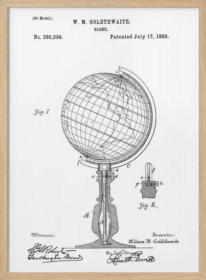 A framed black and white patent illustration for a globe, patented by W. M. Goldthwaite on July 17, 1888. The image features a detailed diagram of the globe on its stand, labeled 'Fig. 1', along with a smaller detail view, 'Fig. 2'. The patent number, inventor's name, and signatures are visible. Poster