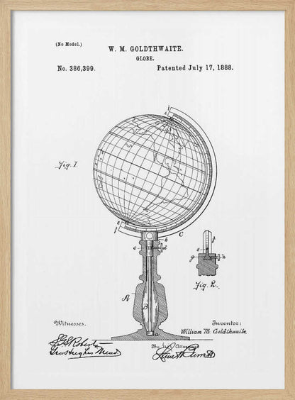 A framed black and white patent illustration for a globe, patented by W. M. Goldthwaite on July 17, 1888. The image features a detailed diagram of the globe on its stand, labeled 'Fig. 1', along with a smaller detail view, 'Fig. 2'. The patent number, inventor's name, and signatures are visible. Poster