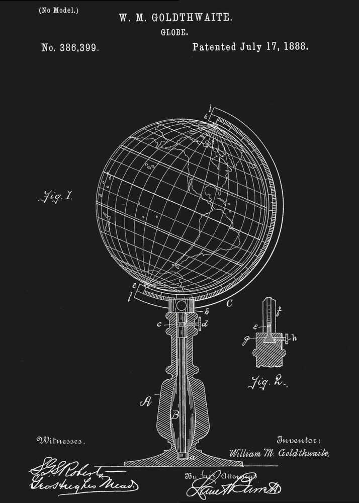 A vintage patent illustration for a globe by W. M. Goldthwaite, dated July 17, 1888. The design, shown in white lines on a black background, features a detailed technical drawing of the globe on its stand, complete with diagrams, labels, and signatures. Decor