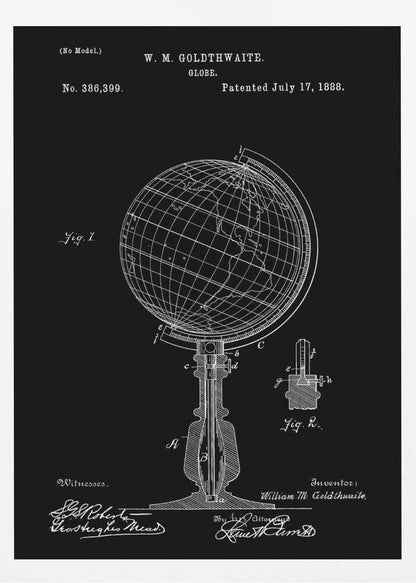 A vintage patent illustration for a globe by W. M. Goldthwaite, dated July 17, 1888. The design, shown in white lines on a black background, features a detailed technical drawing of the globe on its stand, complete with diagrams, labels, and signatures. Decor