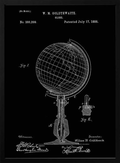 A vintage patent illustration for a globe by W. M. Goldthwaite, dated July 17, 1888. The design, shown in white lines on a black background, features a detailed technical drawing of the globe on its stand, complete with diagrams, labels, and signatures. Decor
