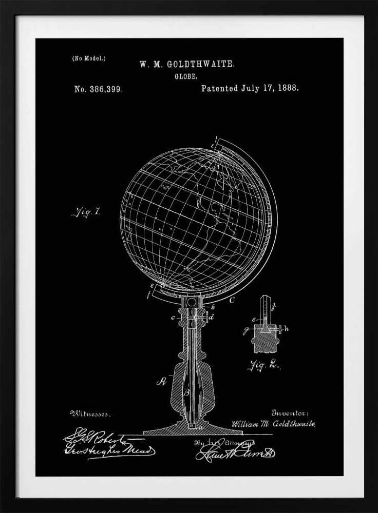 A vintage patent illustration for a globe by W. M. Goldthwaite, dated July 17, 1888. The design, shown in white lines on a black background, features a detailed technical drawing of the globe on its stand, complete with diagrams, labels, and signatures. Decor
