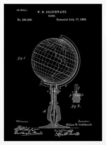 A vintage patent illustration for a globe by W. M. Goldthwaite, dated July 17, 1888. The design, shown in white lines on a black background, features a detailed technical drawing of the globe on its stand, complete with diagrams, labels, and signatures. Decor