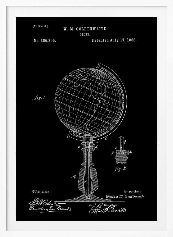 A vintage patent illustration for a globe by W. M. Goldthwaite, dated July 17, 1888. The design, shown in white lines on a black background, features a detailed technical drawing of the globe on its stand, complete with diagrams, labels, and signatures. Decor