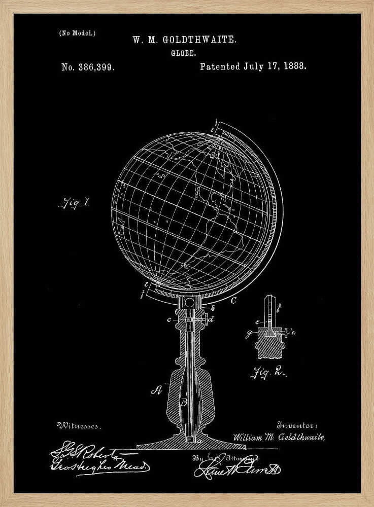 A vintage patent illustration for a globe by W. M. Goldthwaite, dated July 17, 1888. The design, shown in white lines on a black background, features a detailed technical drawing of the globe on its stand, complete with diagrams, labels, and signatures. Decor