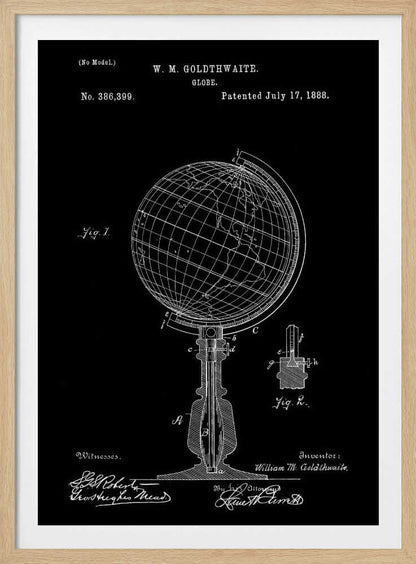 A vintage patent illustration for a globe by W. M. Goldthwaite, dated July 17, 1888. The design, shown in white lines on a black background, features a detailed technical drawing of the globe on its stand, complete with diagrams, labels, and signatures. Decor