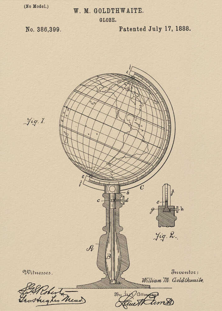 A framed vintage patent illustration for a globe invented by W. M. Goldthwaite, dated July 17, 1888. The artwork, on aged beige paper, features detailed black line drawings of the globe on its stand, complete with labels, technical cross-sections, and signatures. Artwork