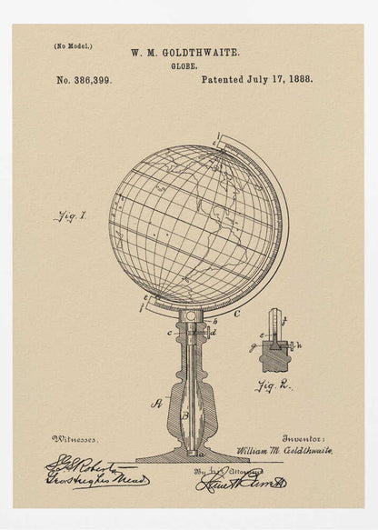 A framed vintage patent illustration for a globe invented by W. M. Goldthwaite, dated July 17, 1888. The artwork, on aged beige paper, features detailed black line drawings of the globe on its stand, complete with labels, technical cross-sections, and signatures. Artwork