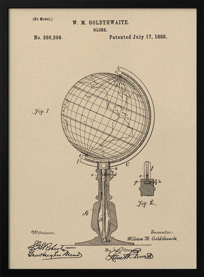 A framed vintage patent illustration for a globe invented by W. M. Goldthwaite, dated July 17, 1888. The artwork, on aged beige paper, features detailed black line drawings of the globe on its stand, complete with labels, technical cross-sections, and signatures. Artwork