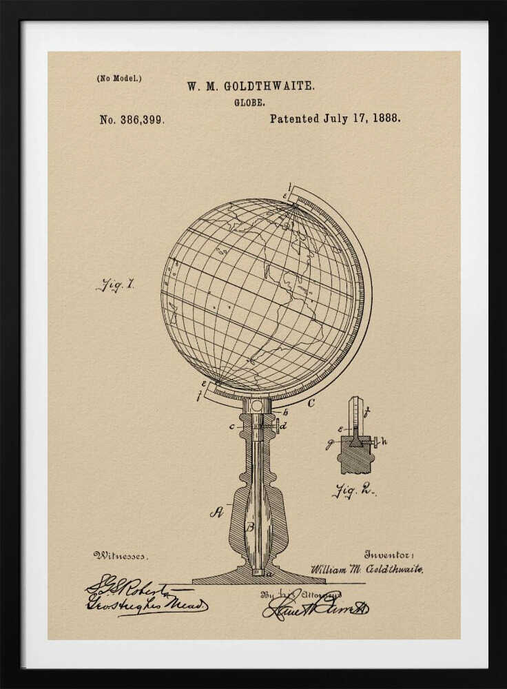 A framed vintage patent illustration for a globe invented by W. M. Goldthwaite, dated July 17, 1888. The artwork, on aged beige paper, features detailed black line drawings of the globe on its stand, complete with labels, technical cross-sections, and signatures. Artwork