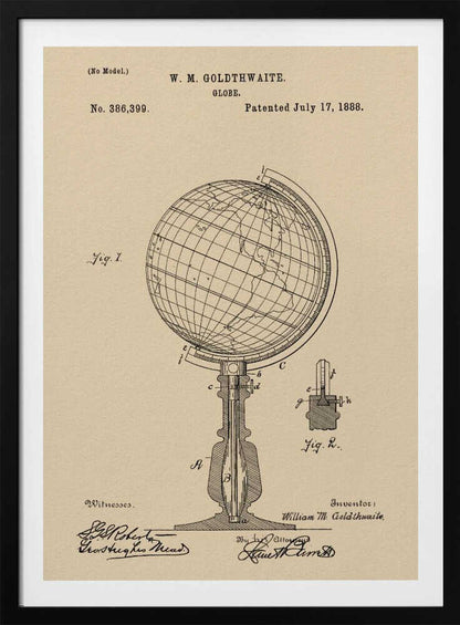 A framed vintage patent illustration for a globe invented by W. M. Goldthwaite, dated July 17, 1888. The artwork, on aged beige paper, features detailed black line drawings of the globe on its stand, complete with labels, technical cross-sections, and signatures. Artwork