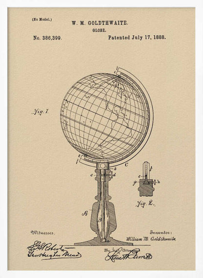 A framed vintage patent illustration for a globe invented by W. M. Goldthwaite, dated July 17, 1888. The artwork, on aged beige paper, features detailed black line drawings of the globe on its stand, complete with labels, technical cross-sections, and signatures. Artwork