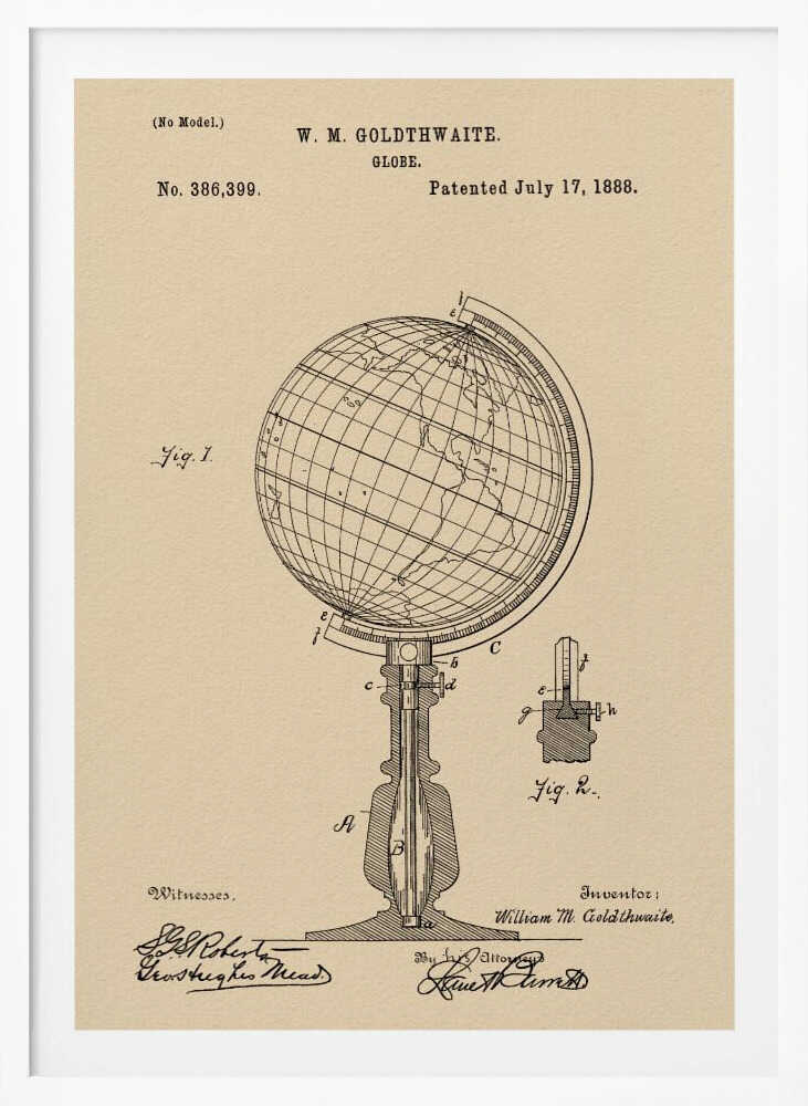 A framed vintage patent illustration for a globe invented by W. M. Goldthwaite, dated July 17, 1888. The artwork, on aged beige paper, features detailed black line drawings of the globe on its stand, complete with labels, technical cross-sections, and signatures. Artwork