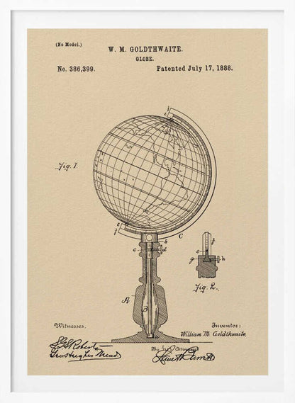 A framed vintage patent illustration for a globe invented by W. M. Goldthwaite, dated July 17, 1888. The artwork, on aged beige paper, features detailed black line drawings of the globe on its stand, complete with labels, technical cross-sections, and signatures. Artwork
