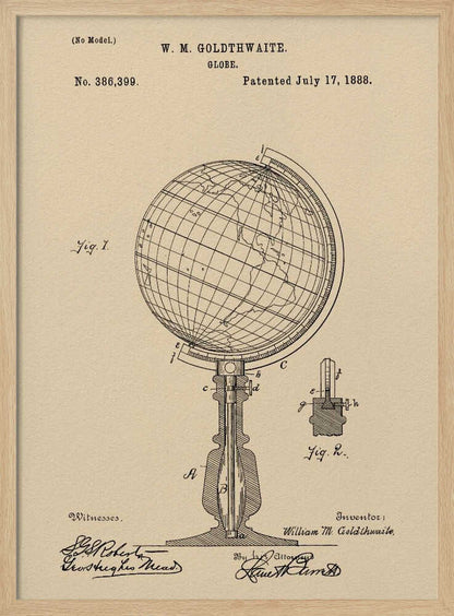 A framed vintage patent illustration for a globe invented by W. M. Goldthwaite, dated July 17, 1888. The artwork, on aged beige paper, features detailed black line drawings of the globe on its stand, complete with labels, technical cross-sections, and signatures. Artwork