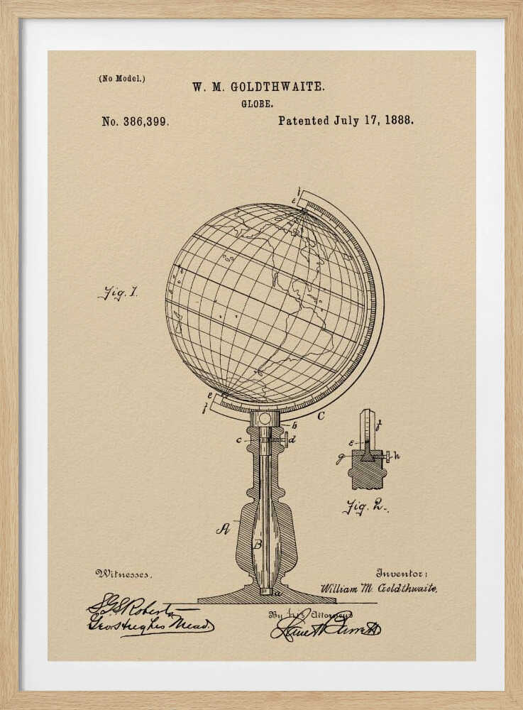 A framed vintage patent illustration for a globe invented by W. M. Goldthwaite, dated July 17, 1888. The artwork, on aged beige paper, features detailed black line drawings of the globe on its stand, complete with labels, technical cross-sections, and signatures. Artwork