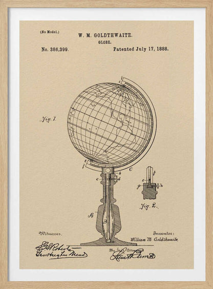 A framed vintage patent illustration for a globe invented by W. M. Goldthwaite, dated July 17, 1888. The artwork, on aged beige paper, features detailed black line drawings of the globe on its stand, complete with labels, technical cross-sections, and signatures. Artwork